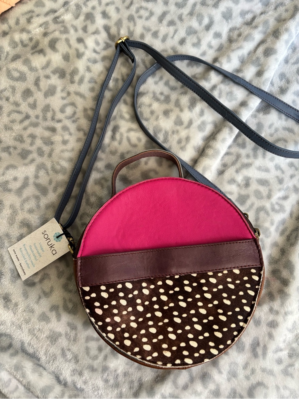 Round Pink and Brown Spotted Crossbody Bag with Top Handle